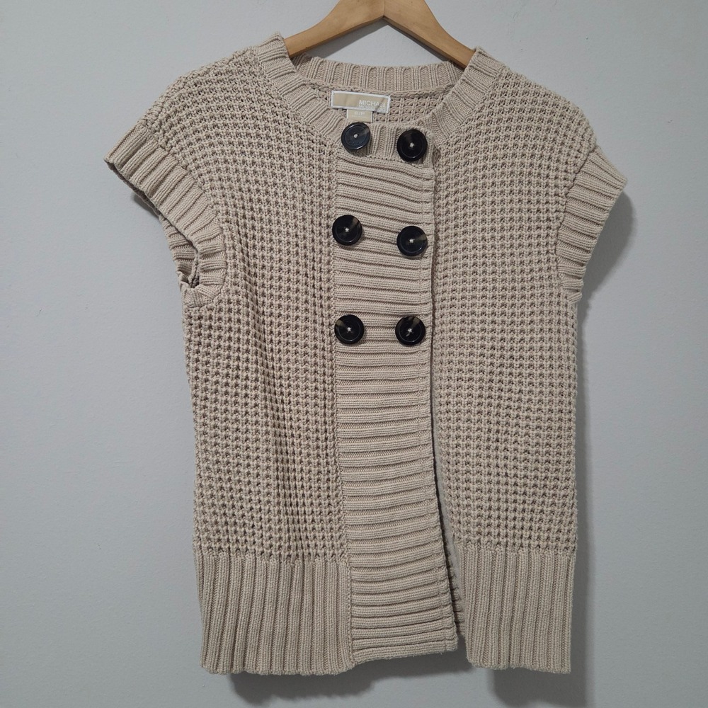 Michael Michael Kors Beige Waffle Knit Double Breasted Sweater Vest Cardigan S